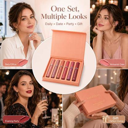 6 Couleurs Set Rouge À Lèvres Liquide Mat, Mat Rouge À Lèvres Nude Ensemble Velouté Longue Durée Antiadhésif Tasse, Cadeau De Rouge À Lèvres (02)