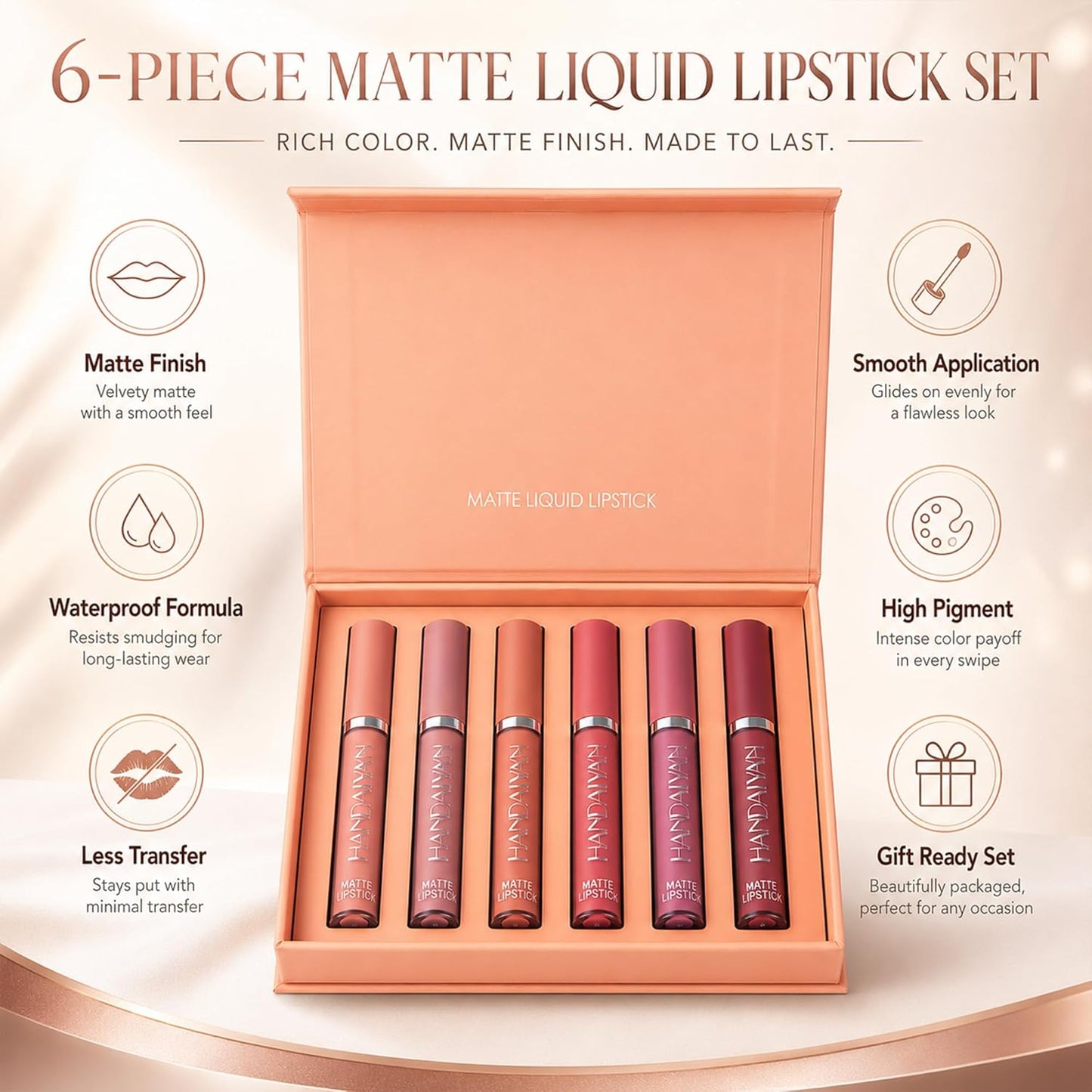 6 Couleurs Set Rouge À Lèvres Liquide Mat, Mat Rouge À Lèvres Nude Ensemble Velouté Longue Durée Antiadhésif Tasse, Cadeau De Rouge À Lèvres (02)